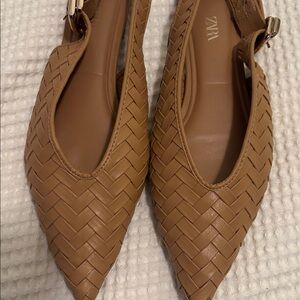 Zara Woven Effect Slingback Open Back Flats Pointy Toe Buckle Strap Size 40